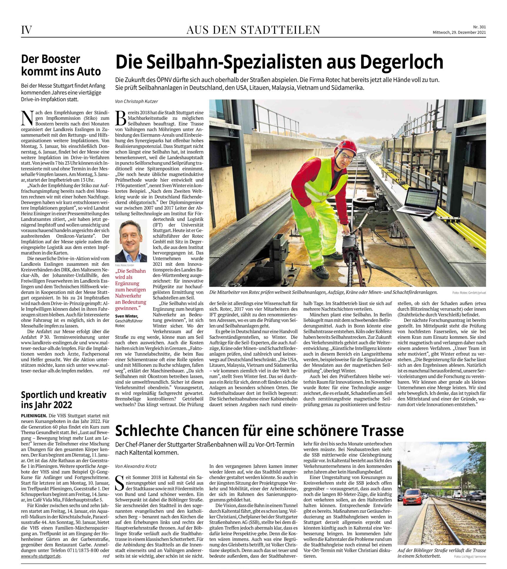 Zeitungs-Artikel: Stuttgarter Zeitung: Die Seilbahn-Spezialisten aus Degerloch ROTEC