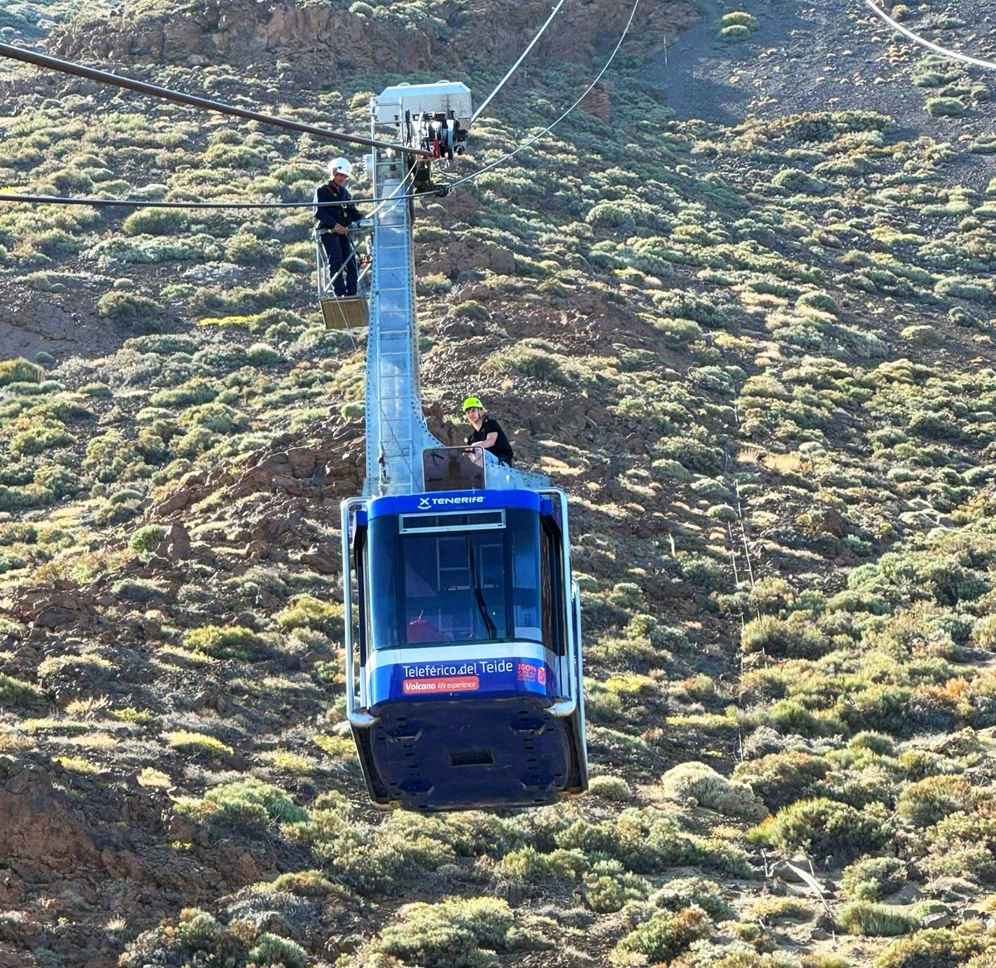 Seilprüfung auf Teneriffa – Arbeiten an der Gondel Seilprüfung Teleférico del Teide Teneriffa – Arbeiten an Gondel und Seil