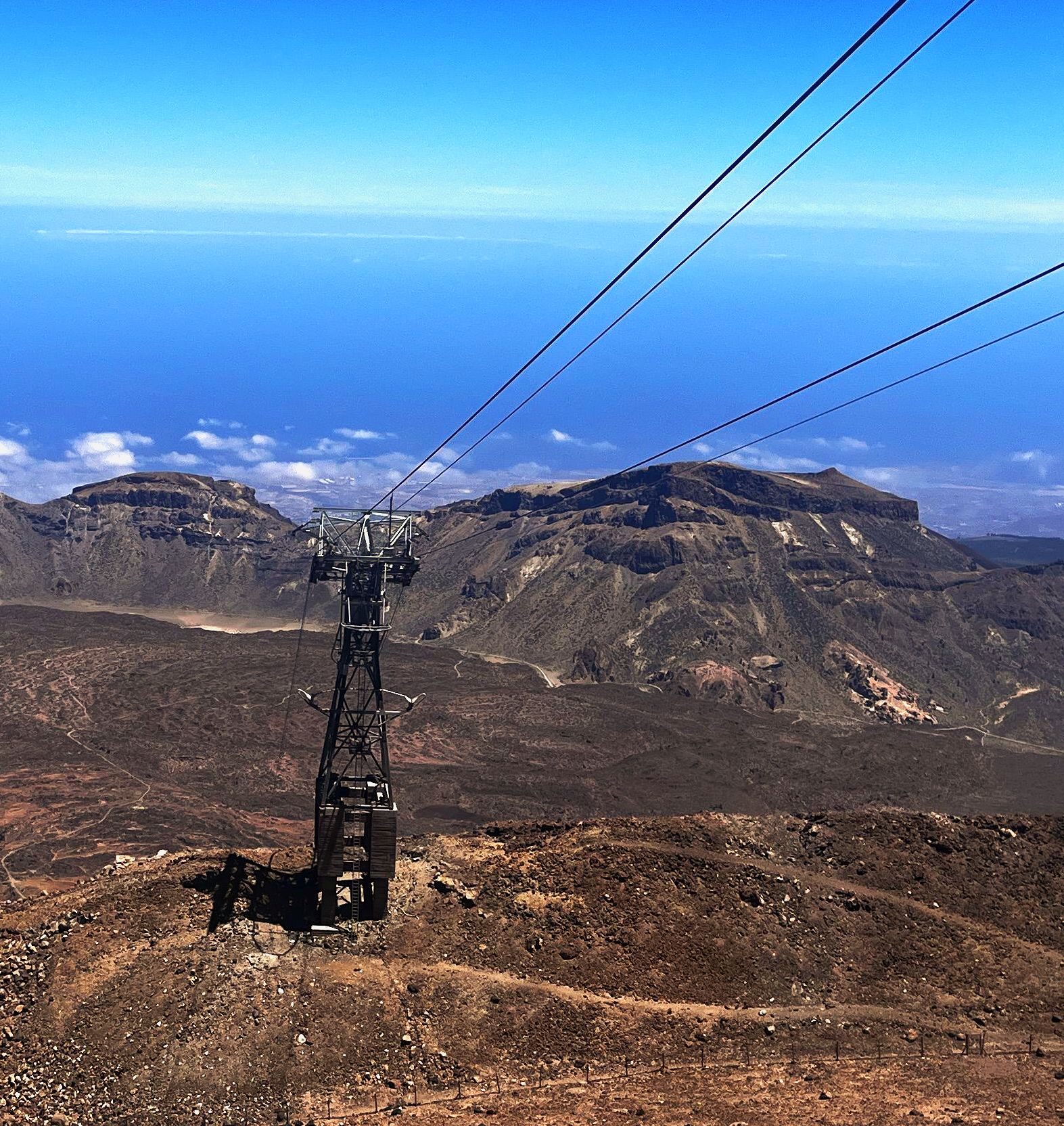Seilprüfung auf Teneriffa – Blick entlang des Seils Seilprüfung Teleférico del Teide Teneriffa – Blick entlang des Gondelseils Richtung Meer