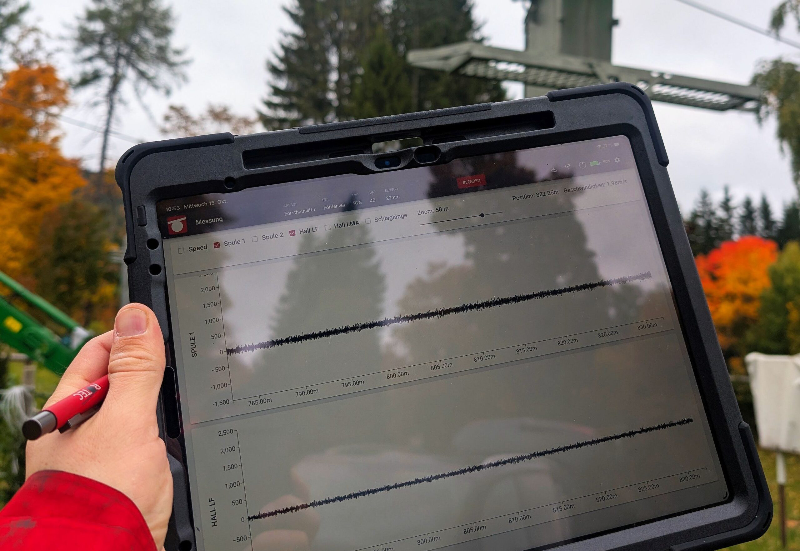 Magnetinduktive Seilprüfung an der Zipline im Harz mit ROPESYS Seilprüfgerät über dem Rappbodetal